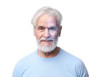 Image of Facial recognition system. Scanning man's face for authentication against white background