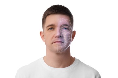 Image of Facial recognition system. Scanning man's face for authentication against white background