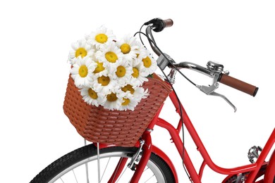 Photo of Bicycle with basket of beautiful flowers isolated on white