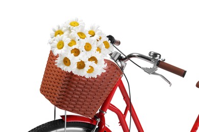 Photo of Bicycle with basket of beautiful flowers isolated on white