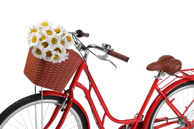 Photo of Bicycle with basket of beautiful flowers isolated on white