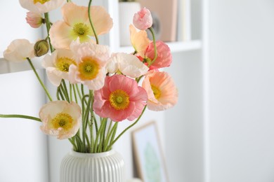 Photo of Bouquet of beautiful poppy flowers indoors, closeup. Space for text