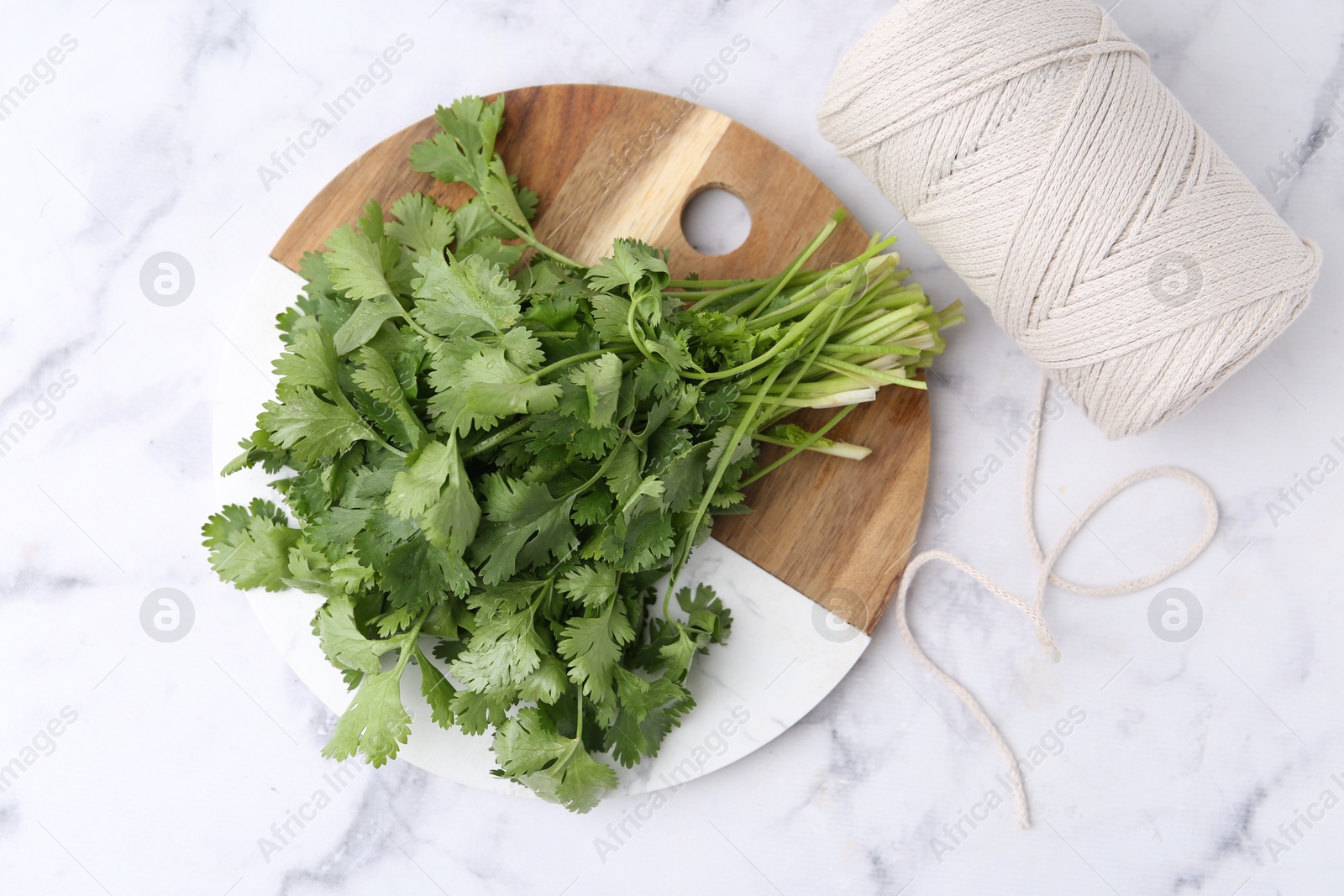 Fresh aromatic cilantro, cutting board and thread on white marble table, top view Photo of Fresh aromatic cilantro, cutting board and thread on white marble table, top view
