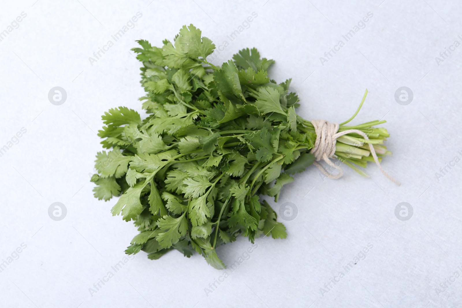Bunch of fresh aromatic cilantro on white table, top view Photo of Bunch of fresh aromatic cilantro on white table, top view