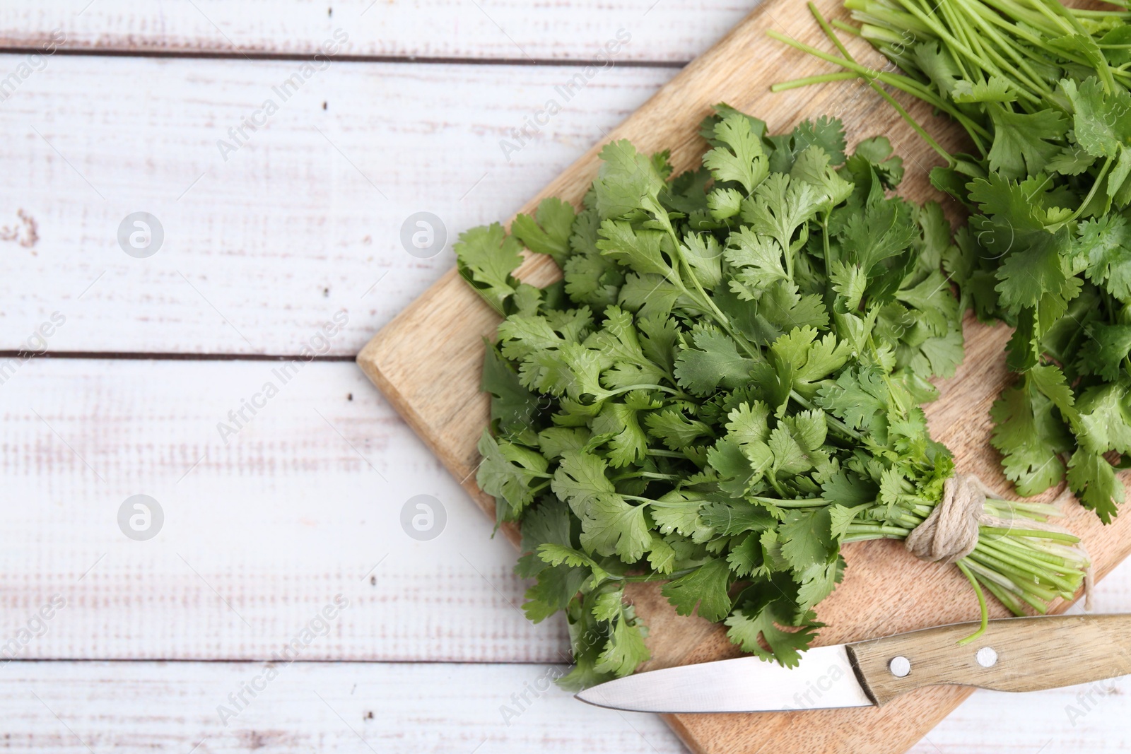 Cutting board with fresh cilantro and knife on white wooden table, top view. Space for text Photo of Cutting board with fresh cilantro and knife on white wooden table, top view. Space for text