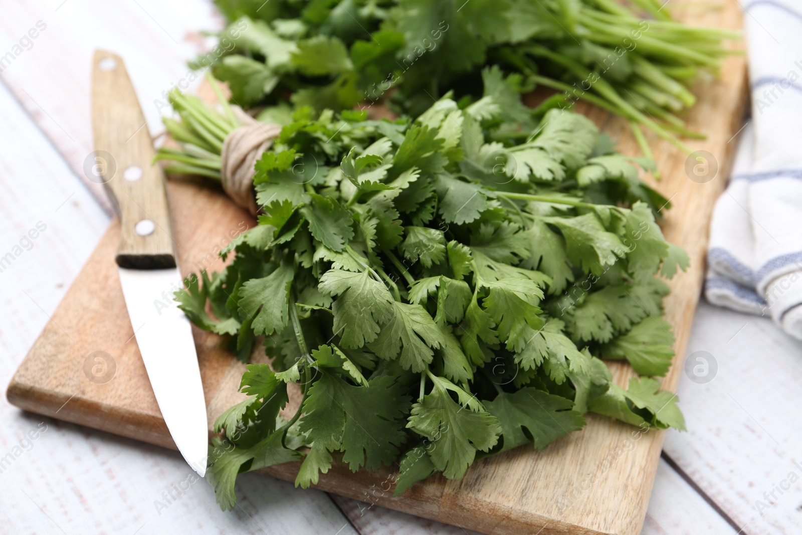 Cutting board with fresh cilantro and knife on white wooden table, closeup Photo of Cutting board with fresh cilantro and knife on white wooden table, closeup