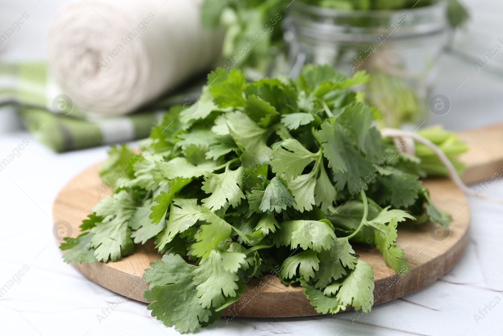 Fresh aromatic cilantro on white table, closeup Photo of Fresh aromatic cilantro on white table, closeup