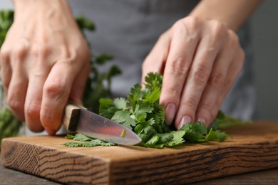 Photo of Woman cutting fresh cilantro at wooden table, closeup
