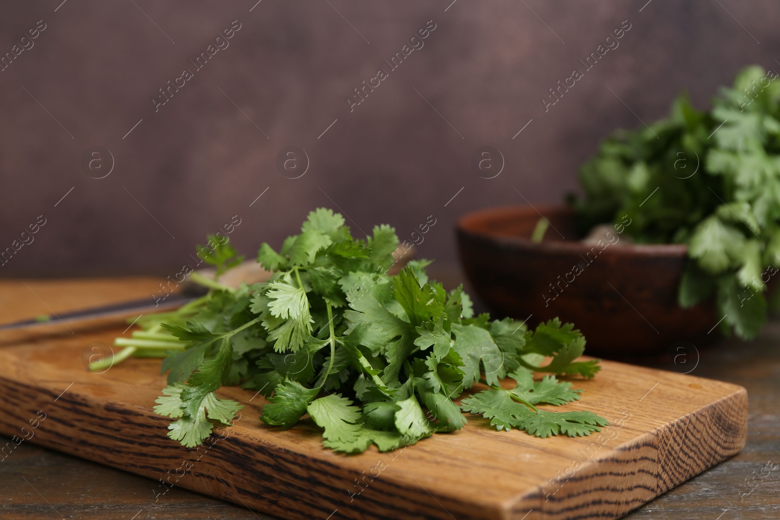 Cutting board with fresh cilantro and knife on wooden table, closeup. Space for text Photo of Cutting board with fresh cilantro and knife on wooden table, closeup. Space for text