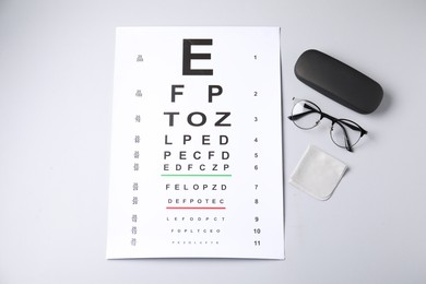 Photo of Vision test chart, glasses, case and cleaning cloth on white background, flat lay