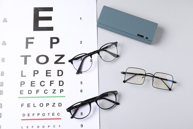 Photo of Vision test chart, glasses and case on white background, flat lay