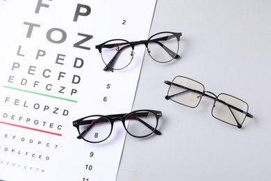 Photo of Vision test chart and glasses on white background, flat lay
