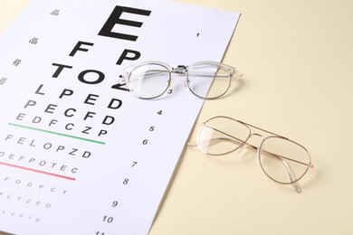 Photo of Vision test chart and glasses on beige background, above view