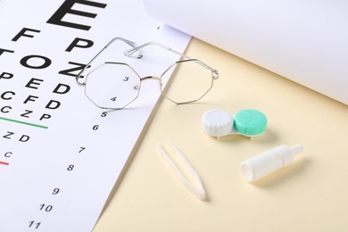 Photo of Vision test chart, glasses, tweezers, bottle of medical drops and lenses on beige background, closeup