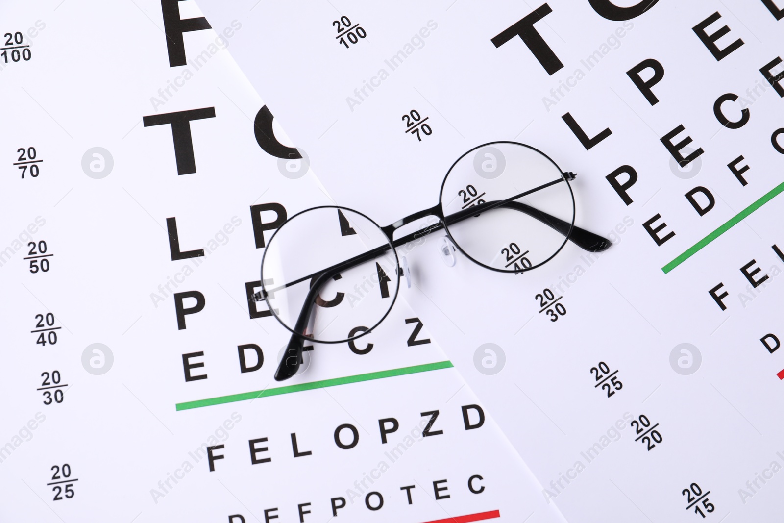 Photo of Glasses on vision test charts, top view