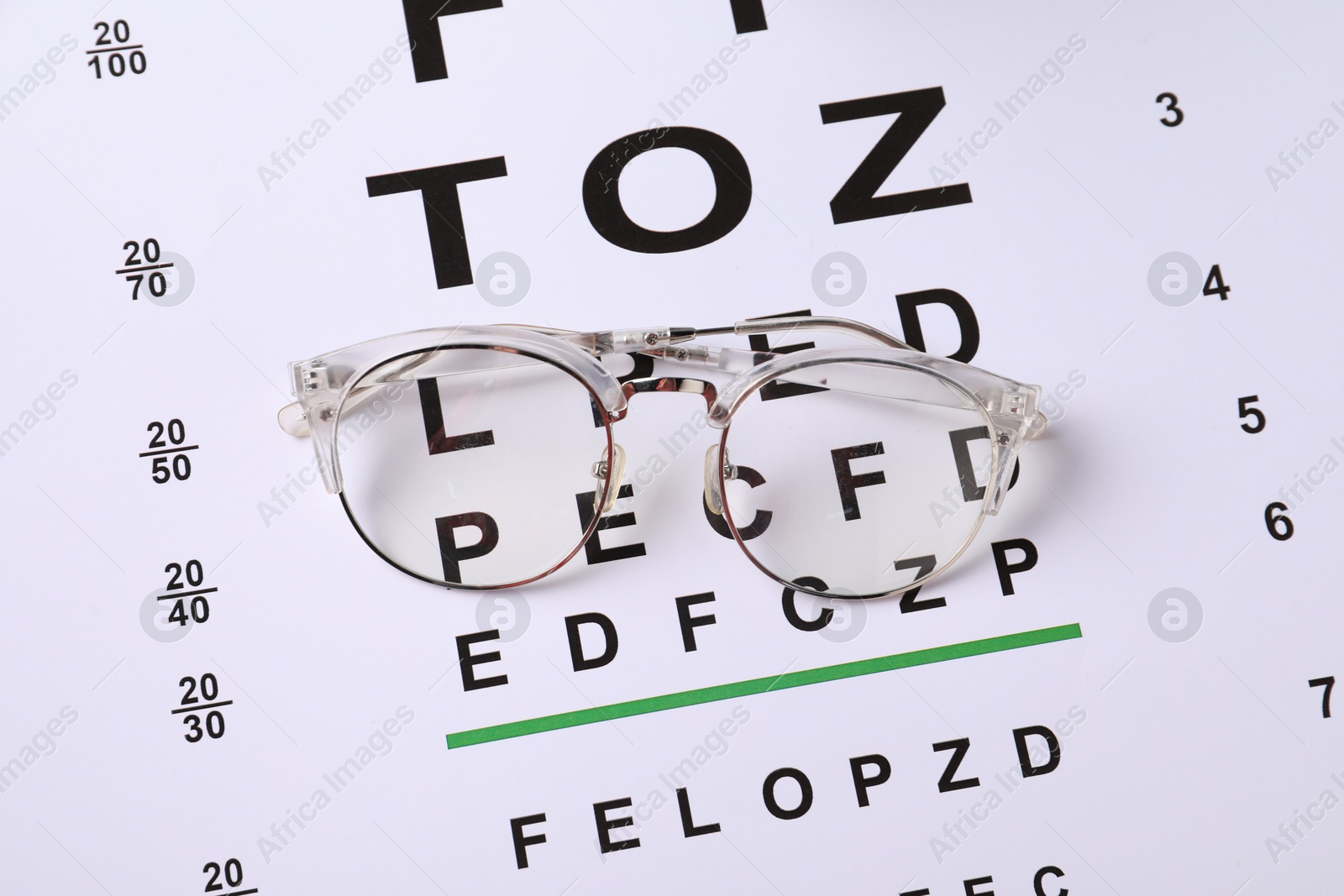 Glasses on vision test charts, above view Photo of Glasses on vision test charts, above view