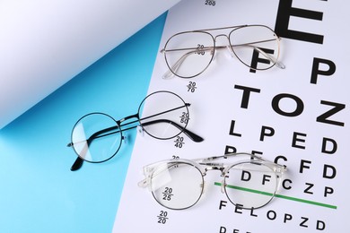Photo of Vision test chart and glasses on light blue background, above view