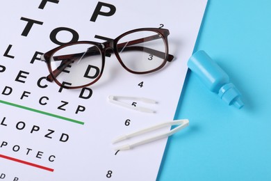 Photo of Vision test chart, glasses, tweezers and bottle of medical drops on light blue background, above view
