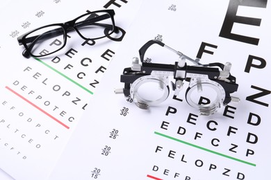 Photo of Glasses and trial frame on vision test charts, above view