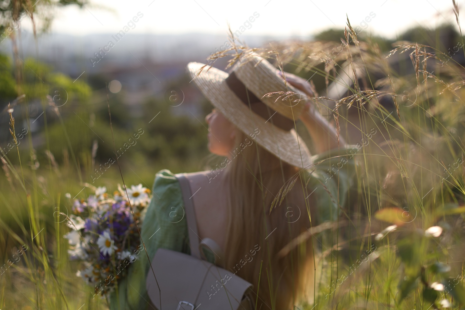 Woman with beautiful wildflowers, hat and backpack in meadow on sunny day, back view Photo of Woman with beautiful wildflowers, hat and backpack in meadow on sunny day, back view