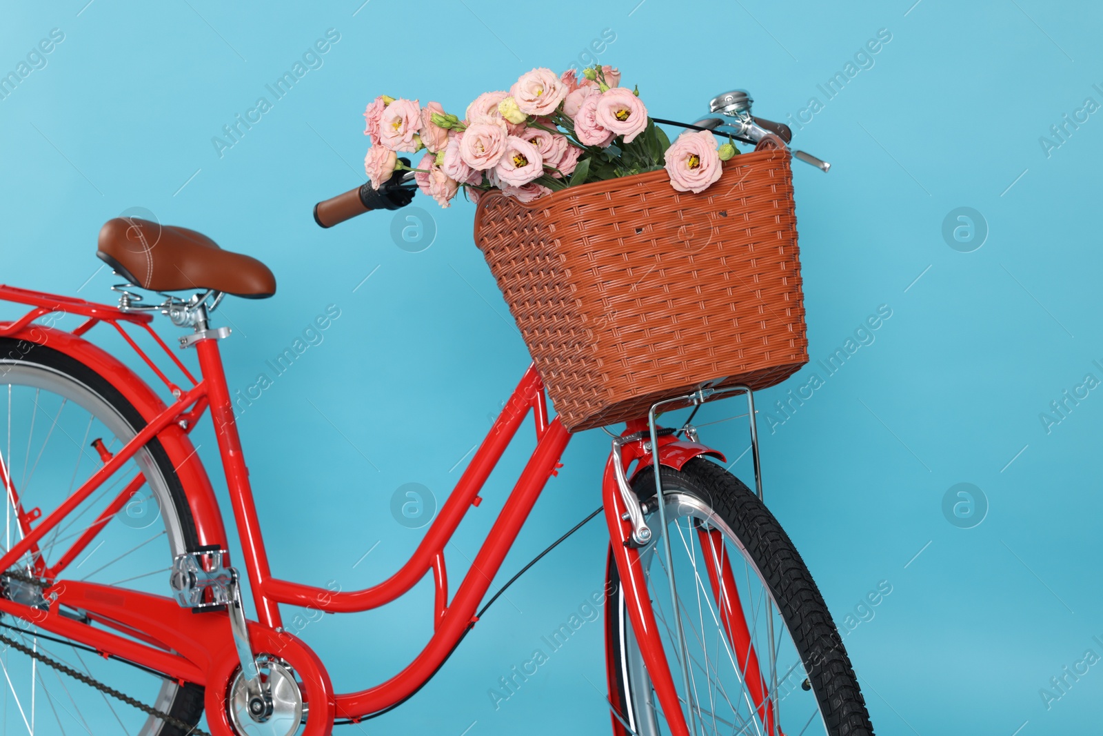 Photo of Bicycle with basket of beautiful flowers on light blue background