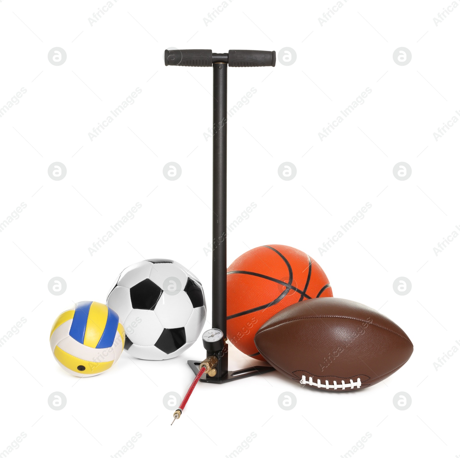 Different sport balls and manual air pump isolated on white Photo of Different sport balls and manual air pump isolated on white