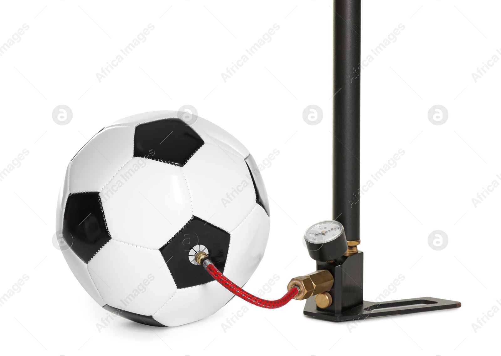 Soccer ball and manual air pump isolated on white Photo of Soccer ball and manual air pump isolated on white