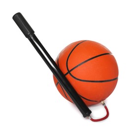 Photo of Basketball ball and manual air pump isolated on white