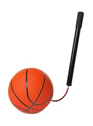 Photo of Basketball ball and manual air pump isolated on white