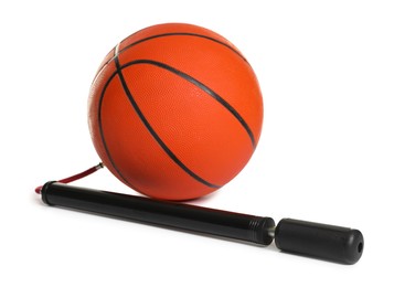 Photo of Basketball ball and manual air pump isolated on white