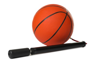 Photo of Basketball ball and manual air pump isolated on white
