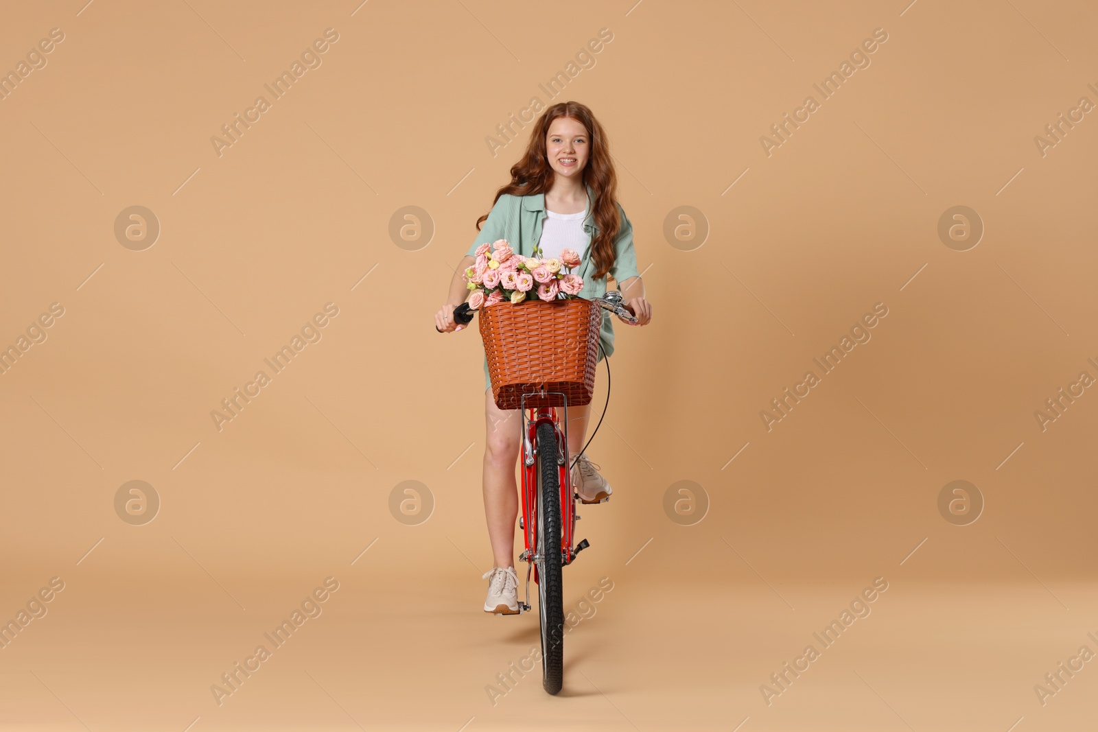 Smiling teenage girl riding bicycle with basket of flowers against beige background Photo of Smiling teenage girl riding bicycle with basket of flowers against beige background