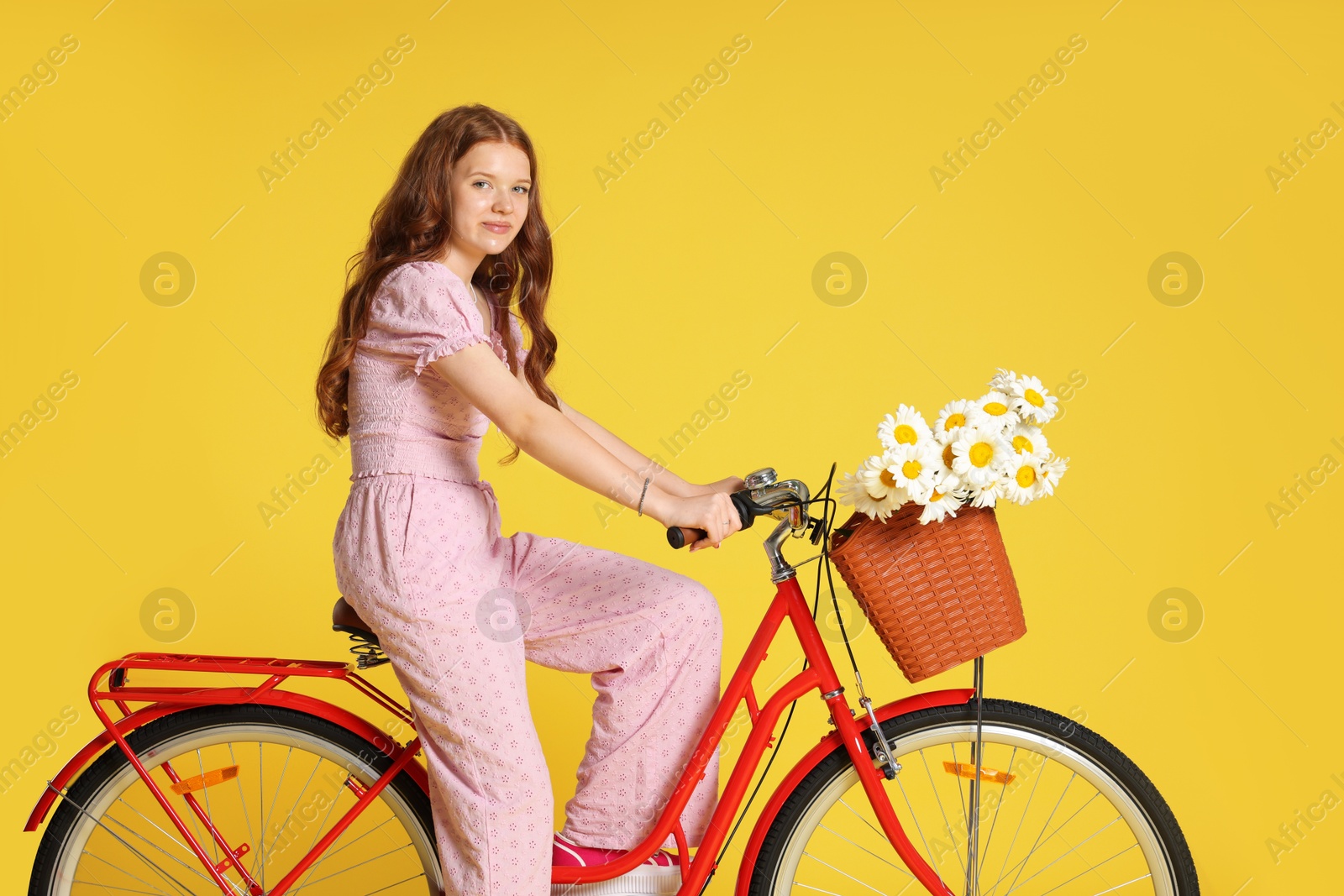 Beautiful teenage girl riding bicycle with basket of flowers against yellow background Photo of Beautiful teenage girl riding bicycle with basket of flowers against yellow background