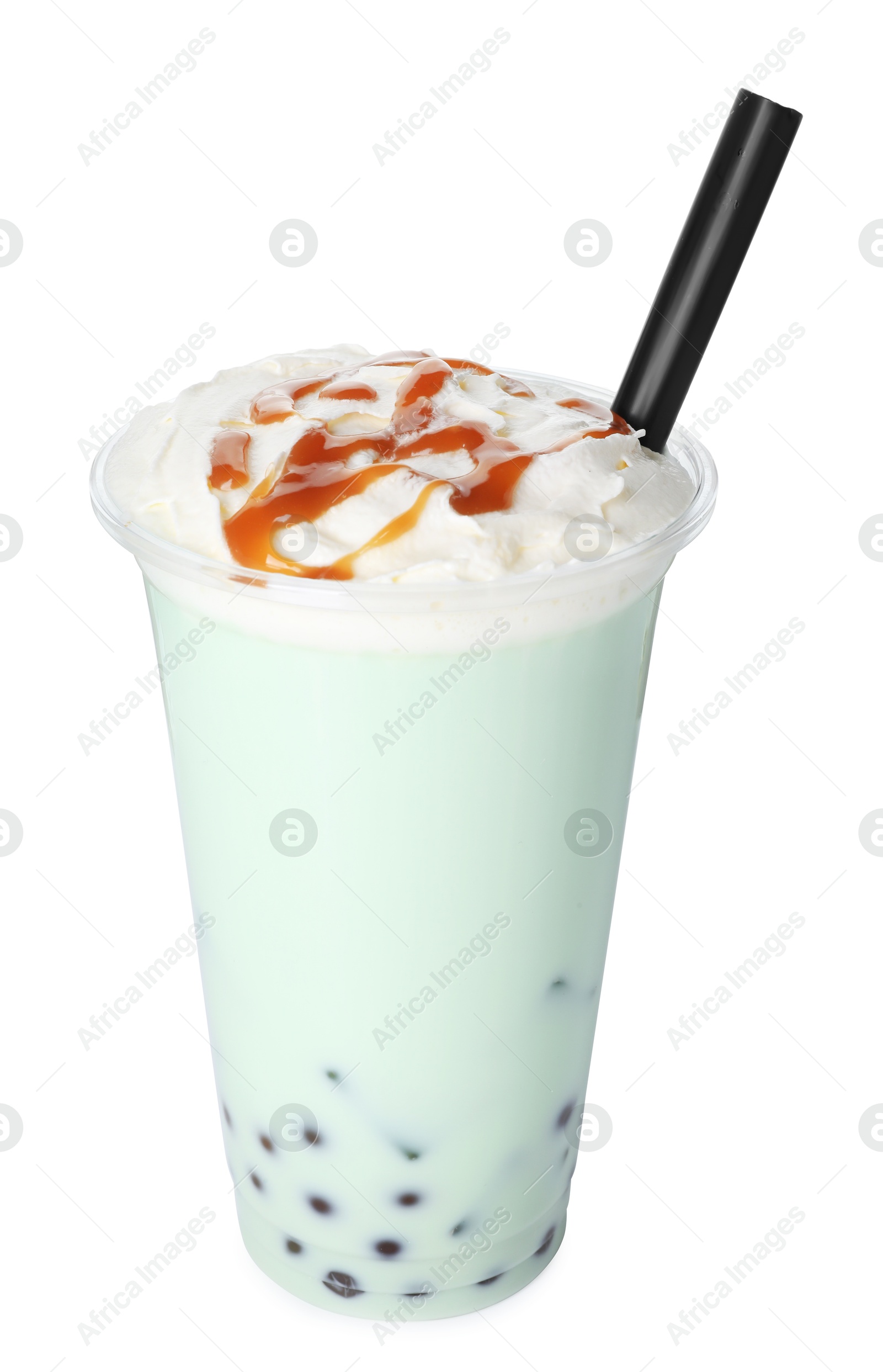 Tasty milk bubble tea in plastic cup isolated on white Photo of Tasty milk bubble tea in plastic cup isolated on white