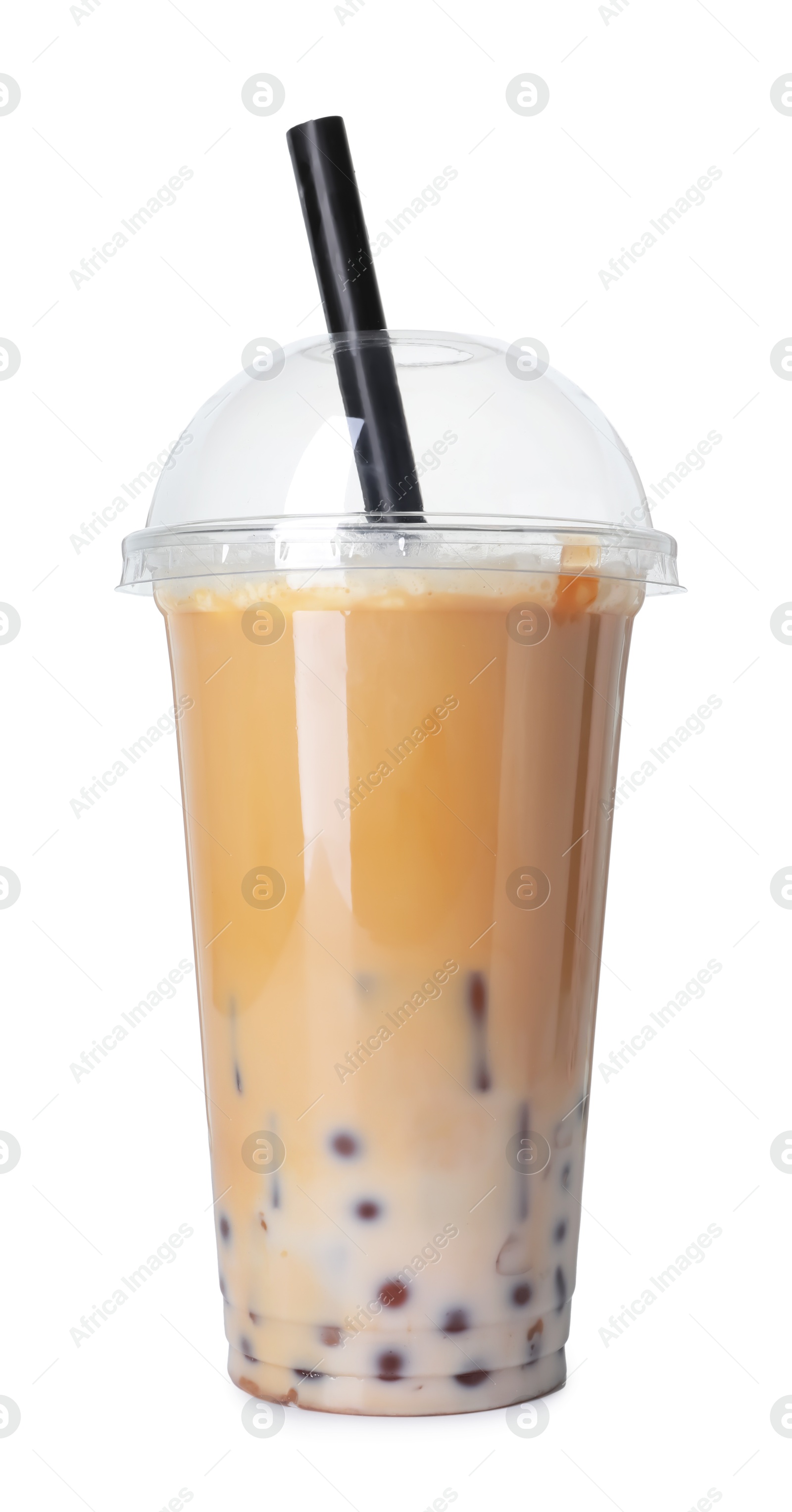 Tasty milk bubble tea in plastic cup isolated on white Photo of Tasty milk bubble tea in plastic cup isolated on white