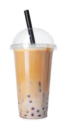 Photo of Tasty milk bubble tea in plastic cup isolated on white