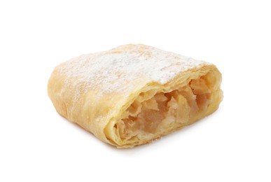 Photo of Piece of tasty apple strudel with powdered sugar isolated on white