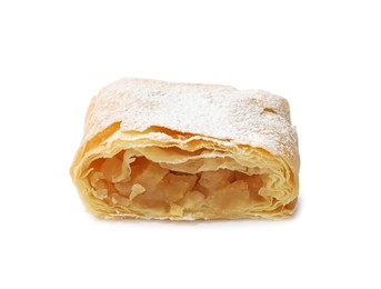 Photo of Piece of tasty apple strudel with powdered sugar isolated on white