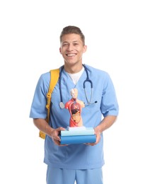 Photo of Medical student with books and human body model on white background