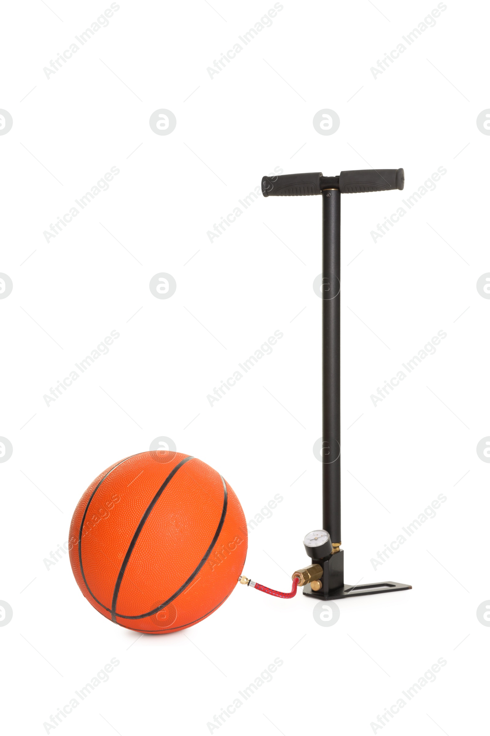Basketball ball and manual air pump isolated on white Photo of Basketball ball and manual air pump isolated on white