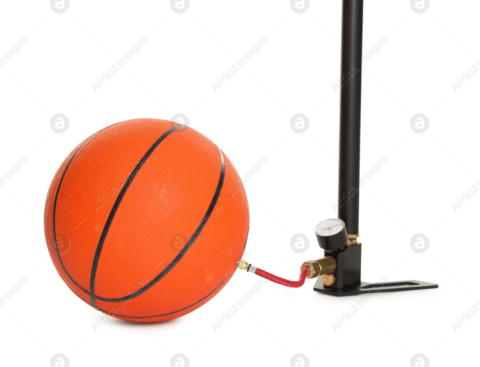 Basketball ball and manual air pump isolated on white Photo of Basketball ball and manual air pump isolated on white