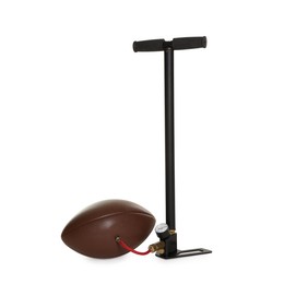 Photo of American football ball and manual air pump isolated on white