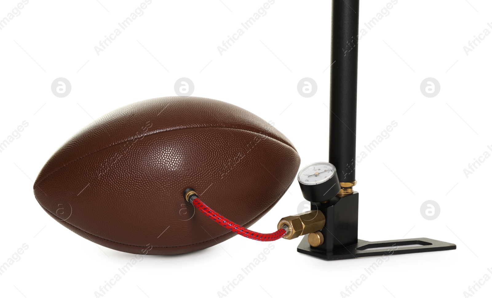 American football ball and manual air pump isolated on white Photo of American football ball and manual air pump isolated on white