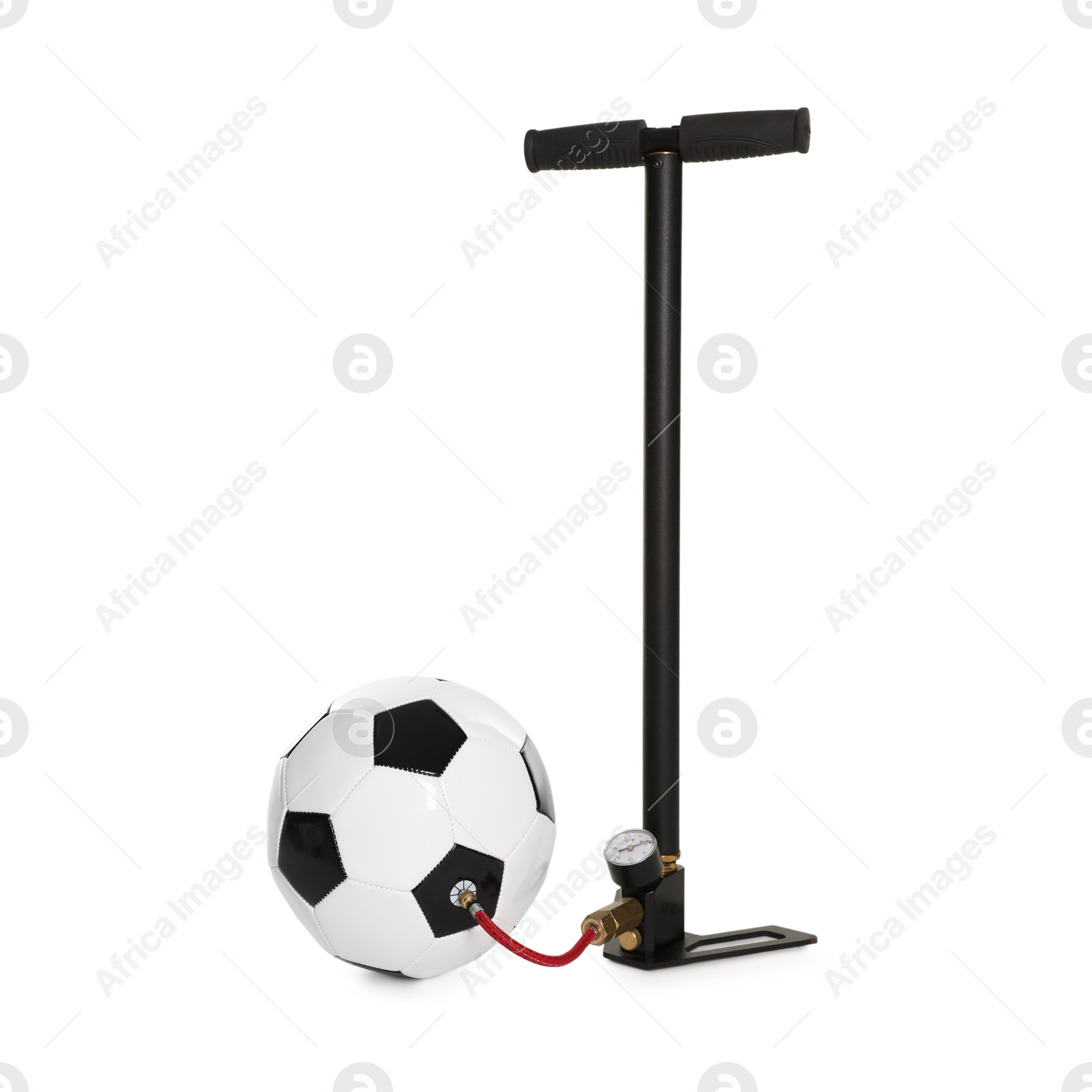 Soccer ball and manual air pump isolated on white Photo of Soccer ball and manual air pump isolated on white