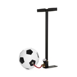 Photo of Soccer ball and manual air pump isolated on white