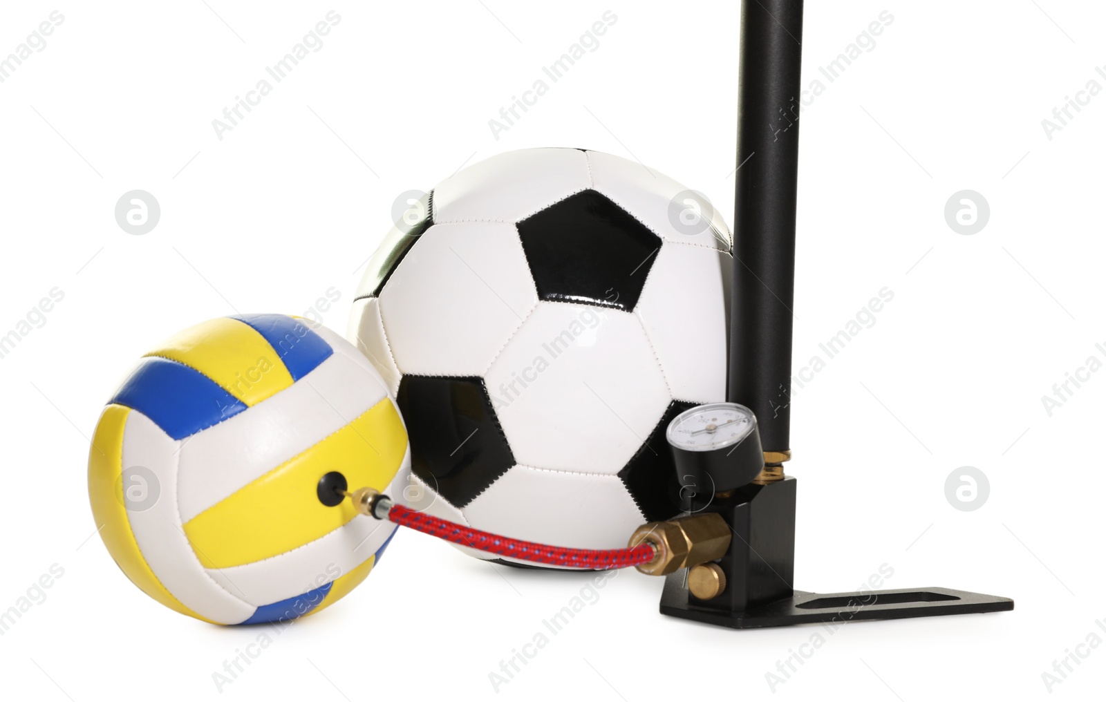Different sport balls and manual air pump isolated on white Photo of Different sport balls and manual air pump isolated on white