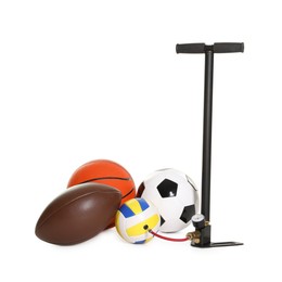 Photo of Different sport balls and manual air pump isolated on white