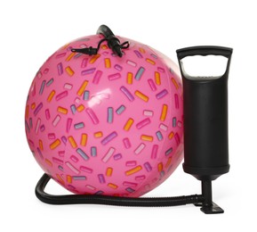 Photo of Inflatable ball and manual air pump isolated on white