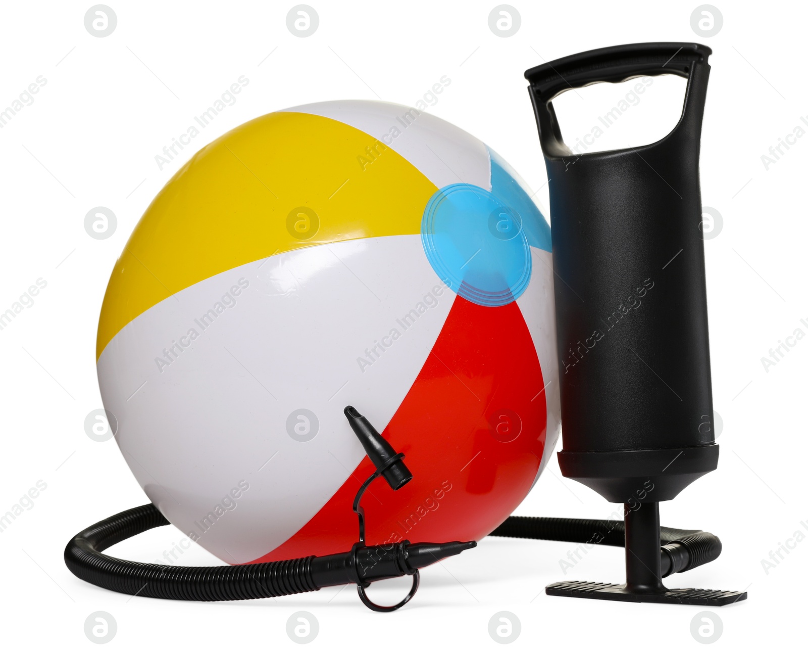 Inflatable ball and manual air pump isolated on white Photo of Inflatable ball and manual air pump isolated on white