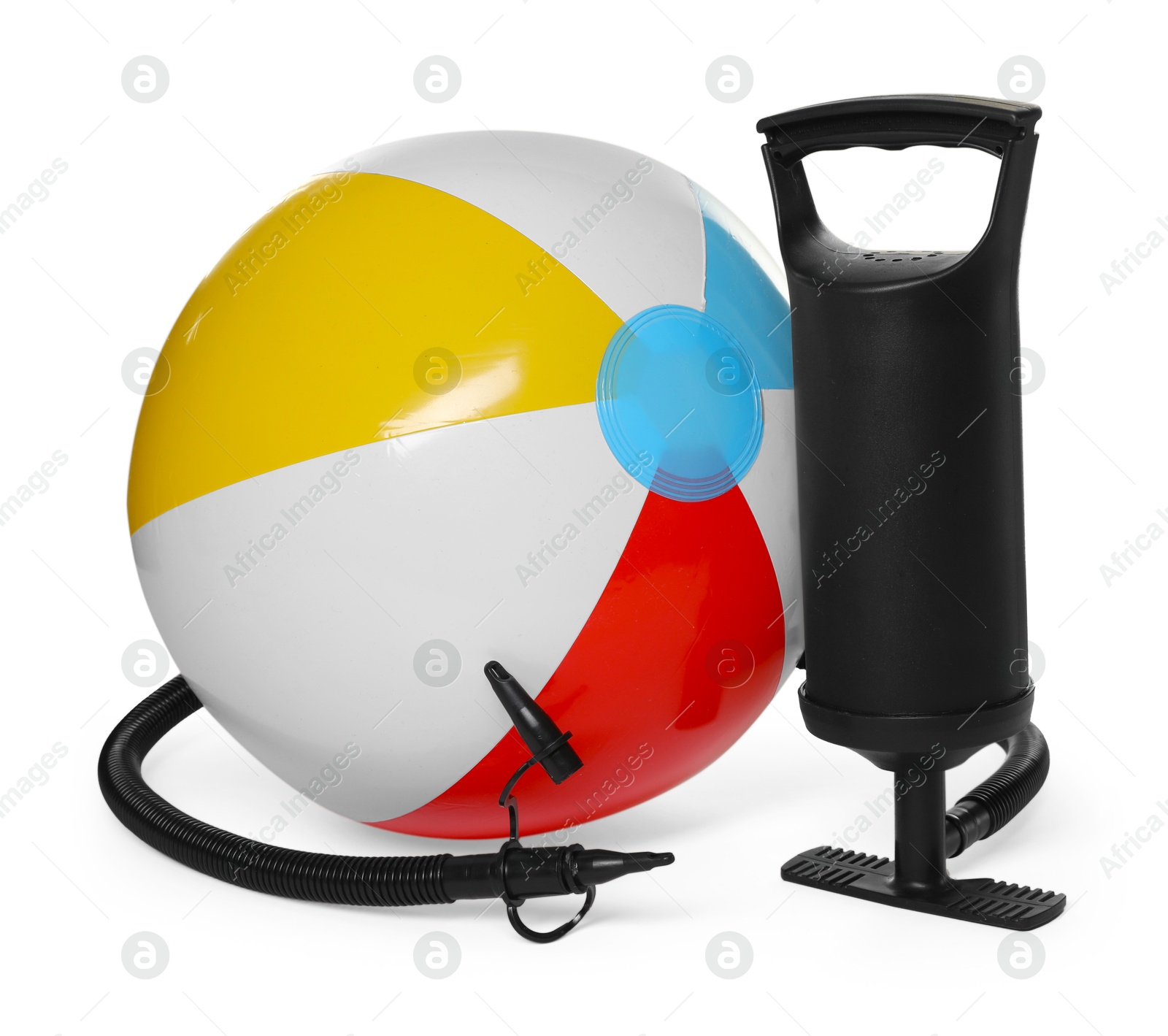 Inflatable ball and manual air pump isolated on white Photo of Inflatable ball and manual air pump isolated on white